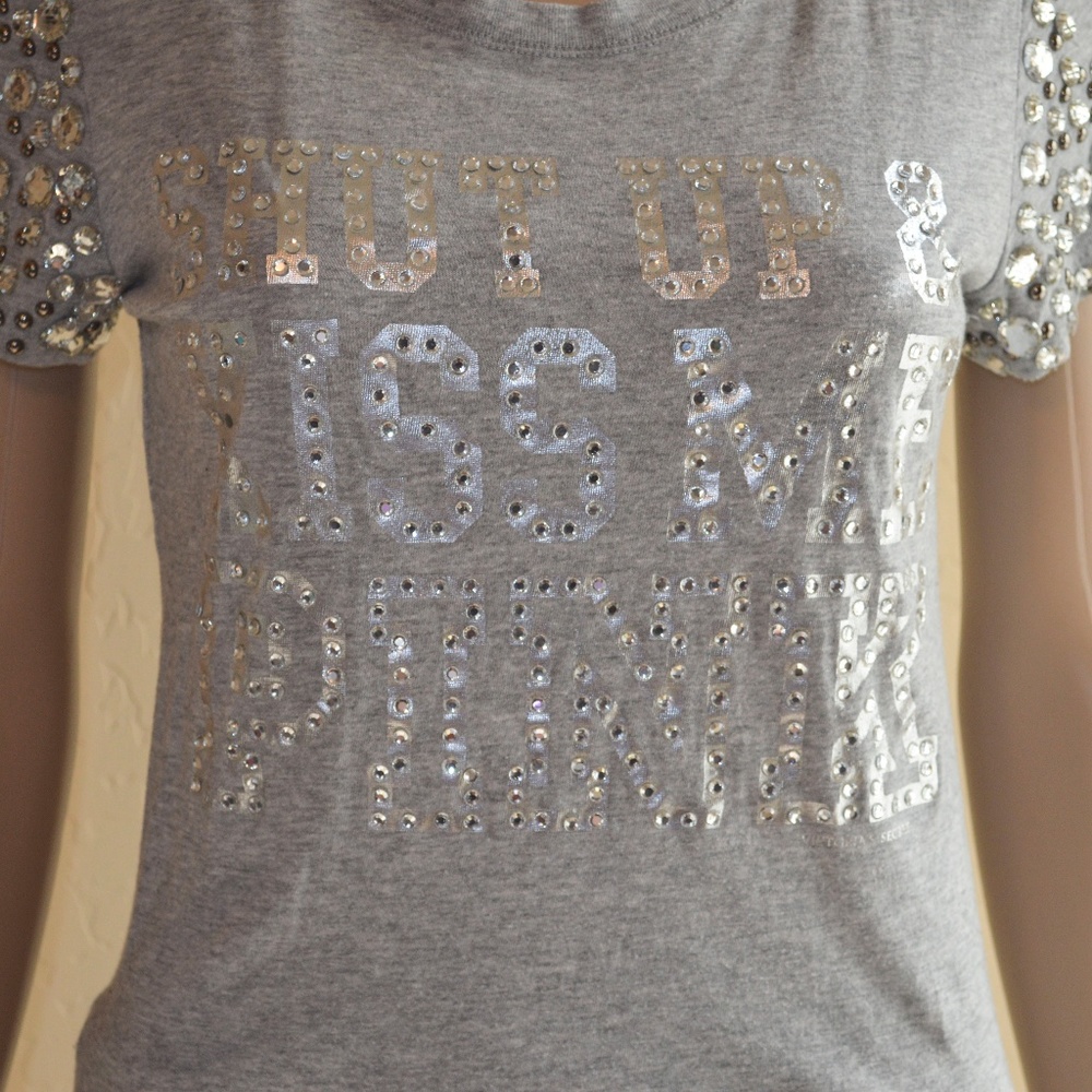 VS Pink "Shut Up & Kiss Me Pink" Bling Gray Tee - Picture 2 of 7
