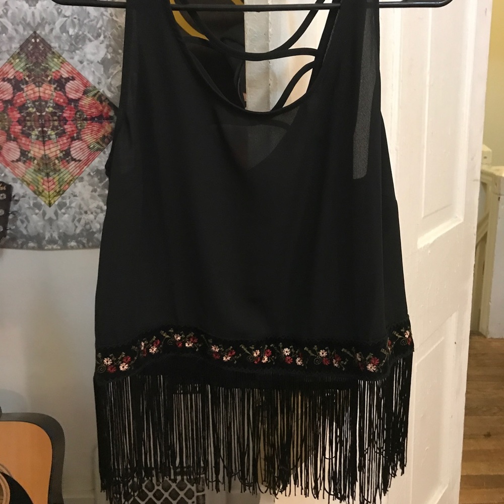 Embroidered flower fringe tank