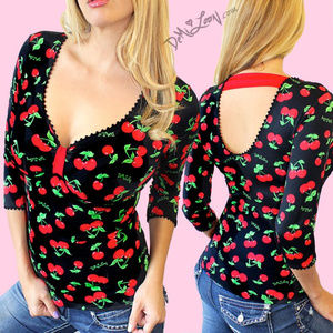 Rockabilly Black and Red Cherry-Print Top