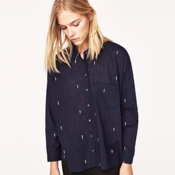 Zara Embroidered Navy Shirt - Picture 1 of 5