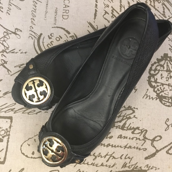 Tory Burch Shoes - GUC Tory Burch Size 9 Peep Toe Wedge Leather Black