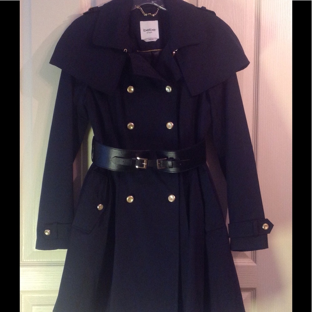 bebe Navy Swing Belted Trench w/ Gold Accents