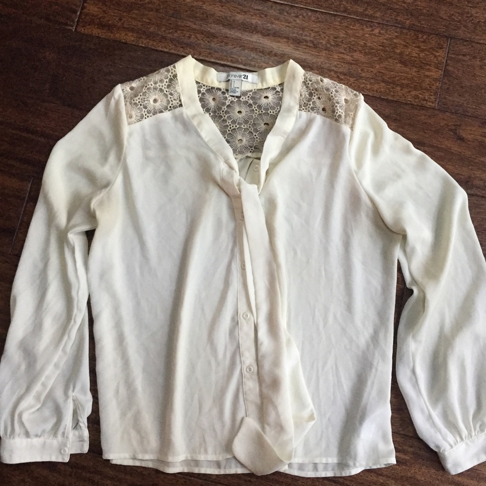 Cream chiffon metallic crochet yoke blouse