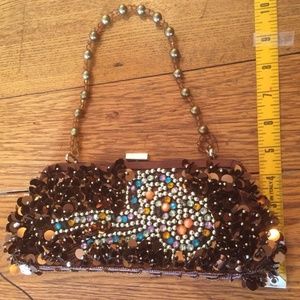 Hand Sequined Brown Baguette Style Clutch Purse