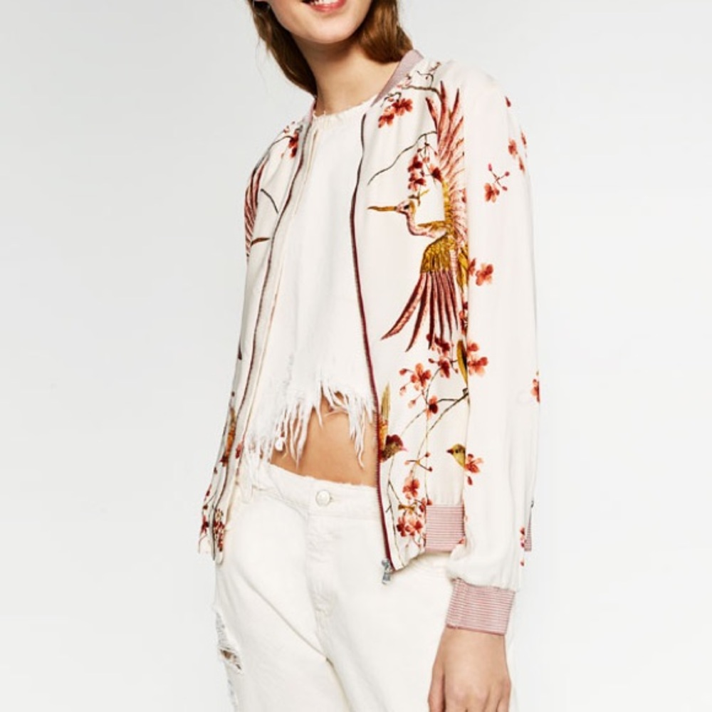 Zara Bird Pattern Bomber Jacket