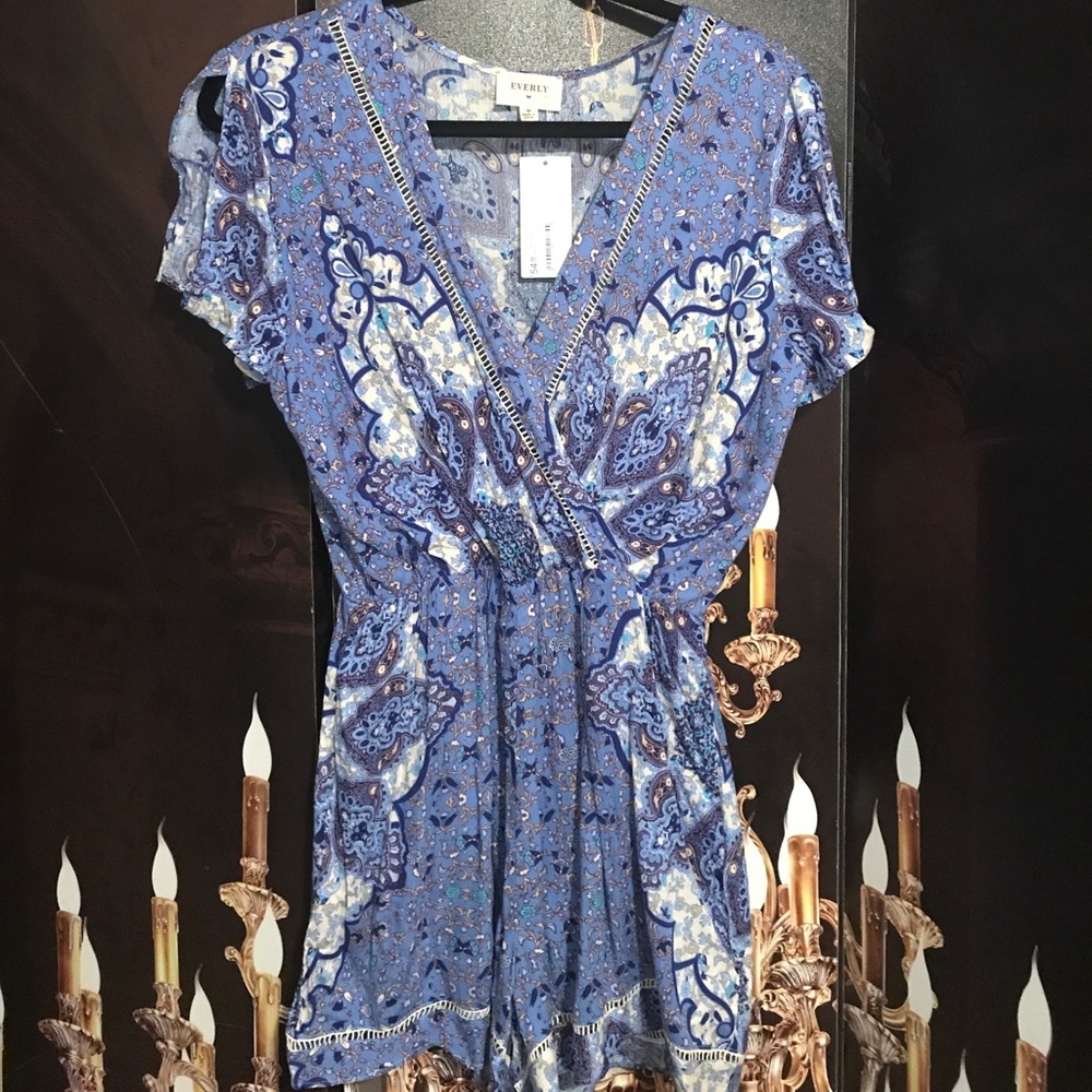 Blue and white print romper