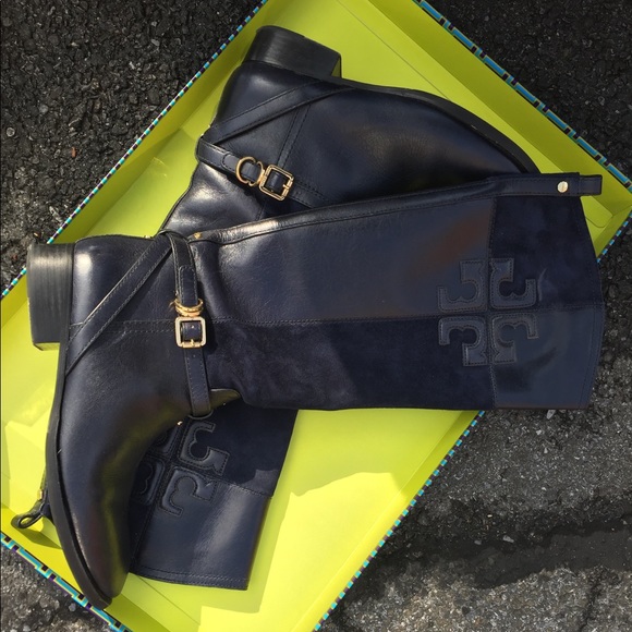 Tory Burch Shoes - Tori Burch Suede Riding Boots - Midnight Navy
