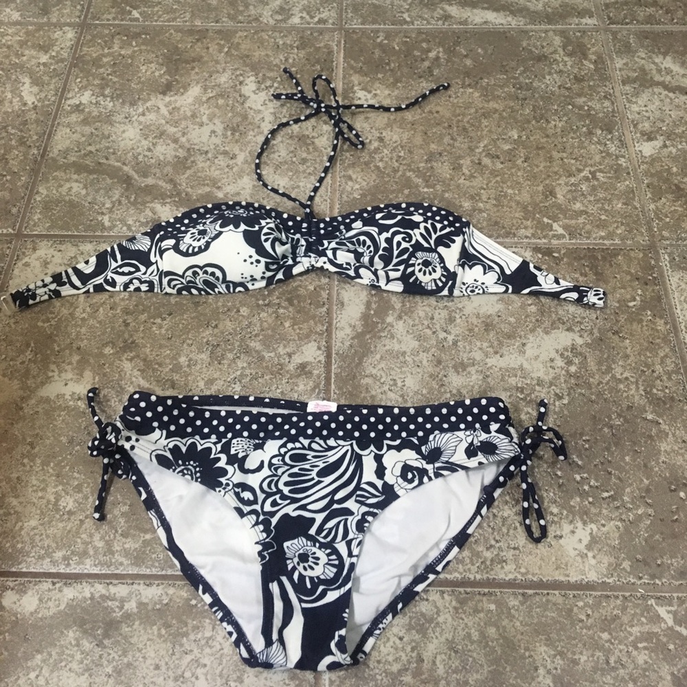 Navy and white bandeau bikini