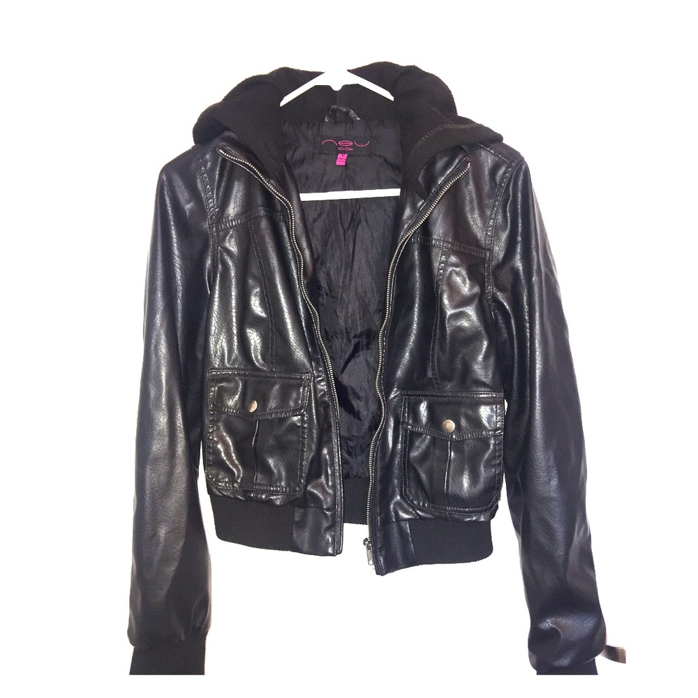 Faux Leather Hoodie With Pockets