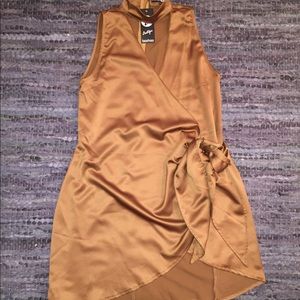 Bronze satin wrap sleeveless dress