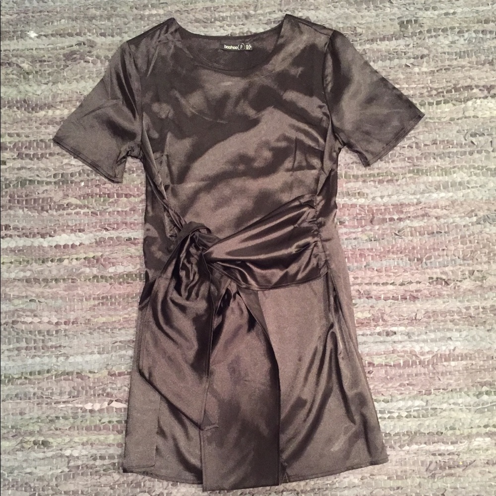 Black satin tie dress
