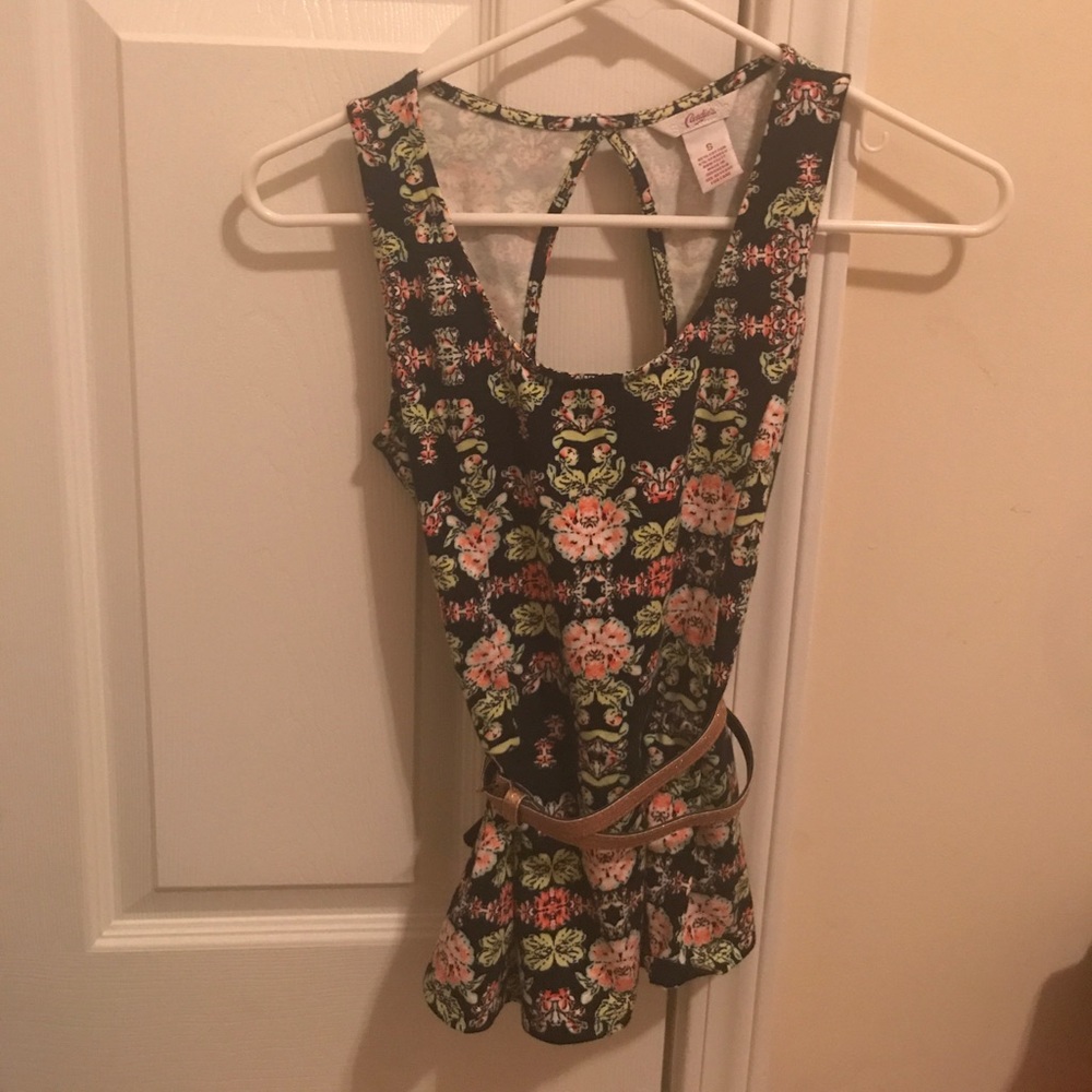 Candie's Floral Blouse. Open back with gold belt.