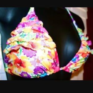 Flirty floral bikini top with ruffle detail