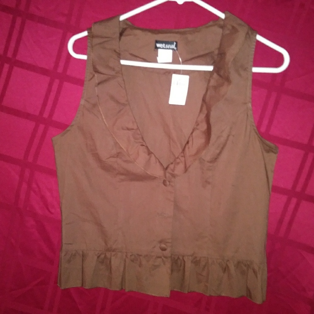 Brown Wet Seal 3 Buttoned Ruffle Vest