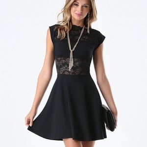 BEBE Lace Panel Midriff Dress- Black XS
