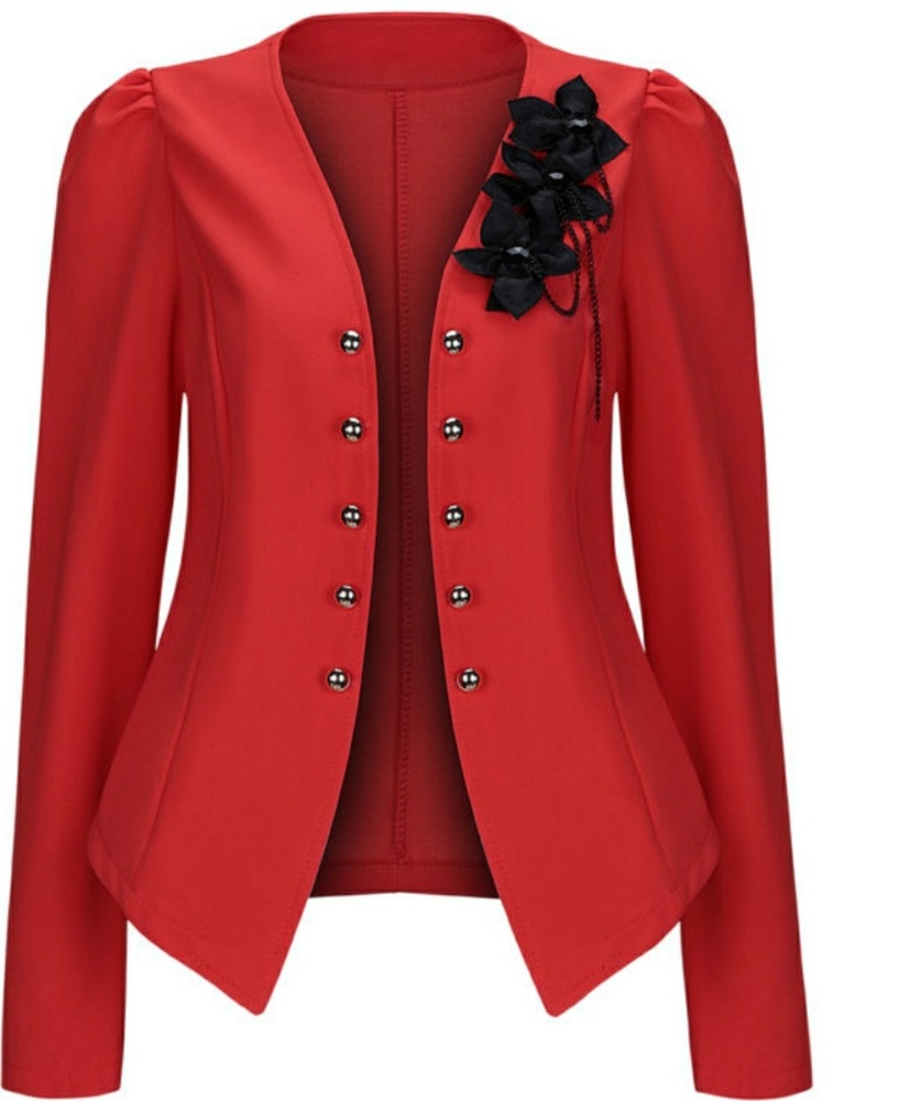 Red Collarless Decorative Floral Puff Blazer