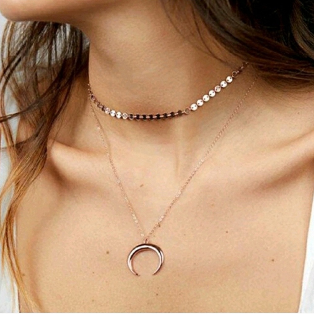 Sequin Double Layer Silver Moon Necklace