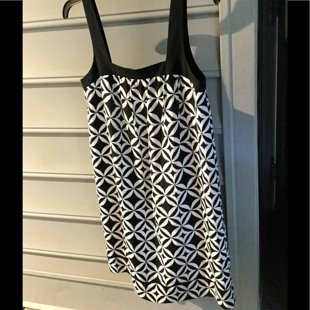 Black and white geometric print silk mini dress