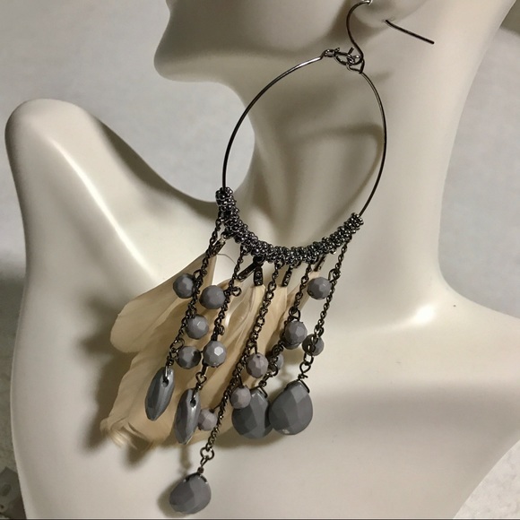 Jewelry - Slate and peach feather boho earrings