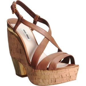 Brown leather and cork Miu Miu platform sandals