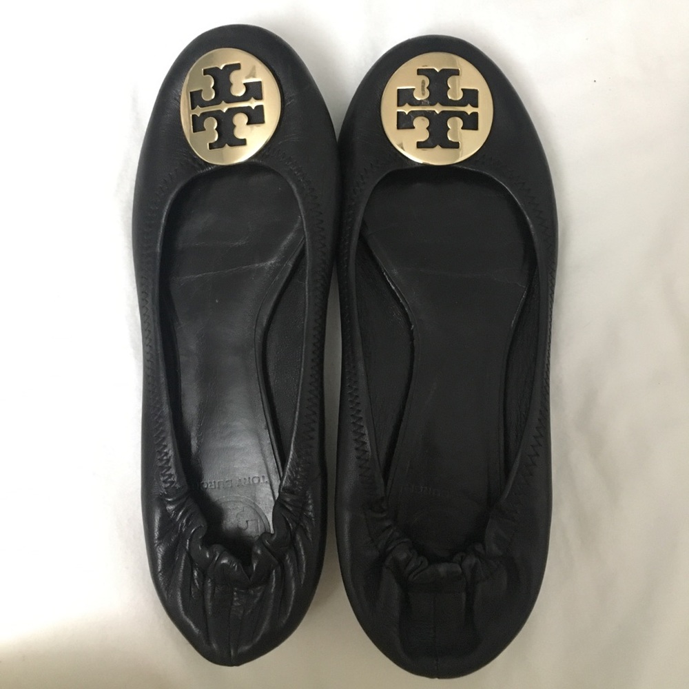 Tory Butch black flats with gold logo