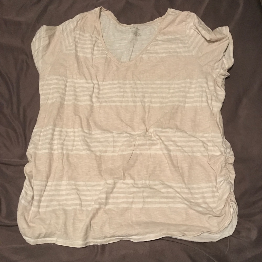 Beige and white striped vneck shirt