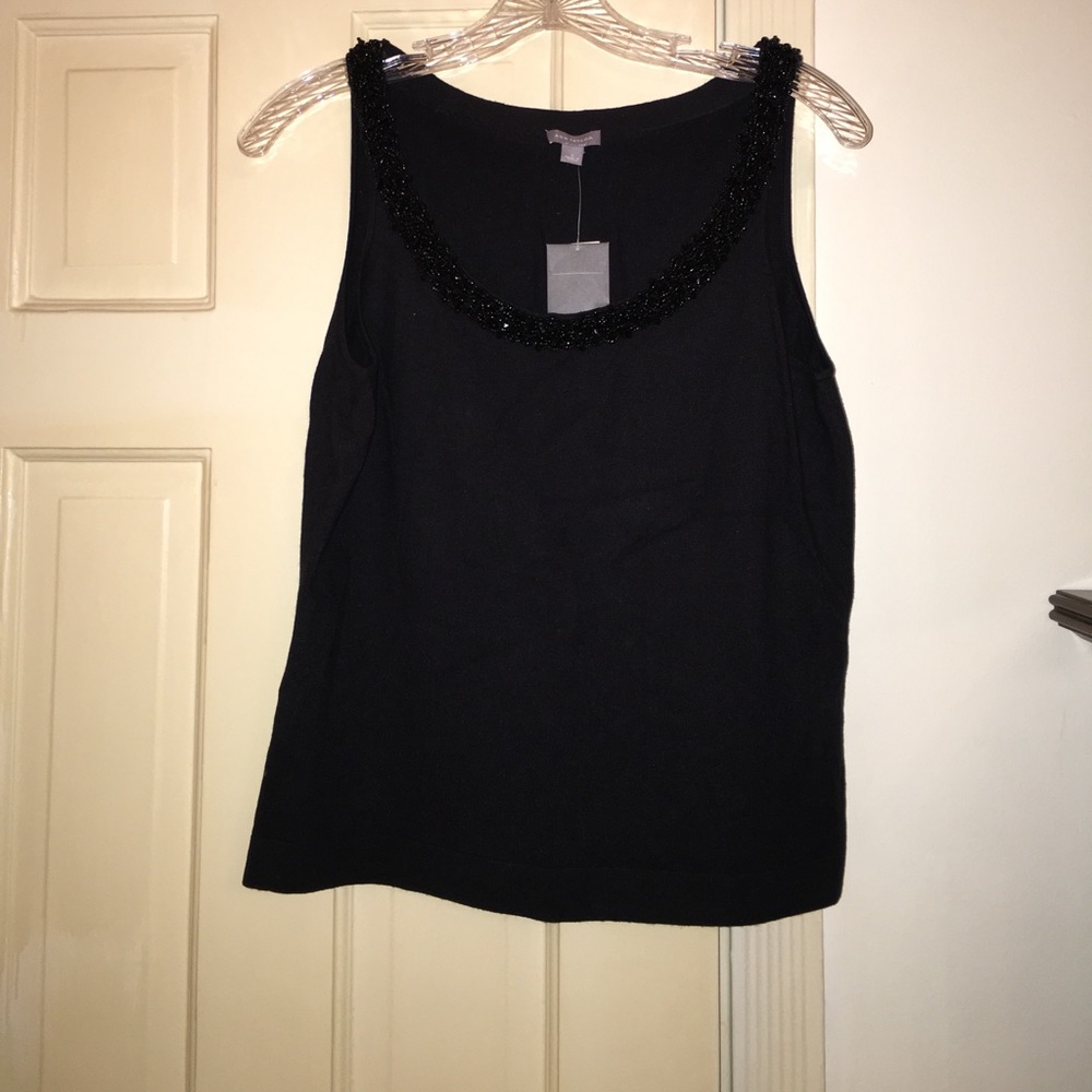 Black silk/cotton knit tank with beaded collar