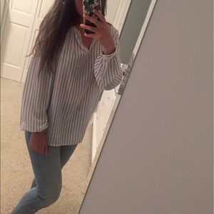 blue and white striped blouse