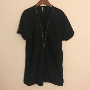 LFSTORES Grungy deep V lace up T-shirt dress