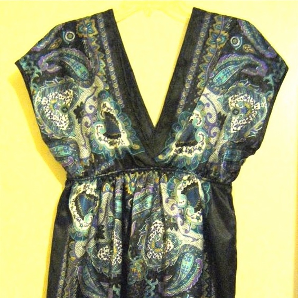 NWOT Satin Black Print V-Neck Empire Waist Dress L