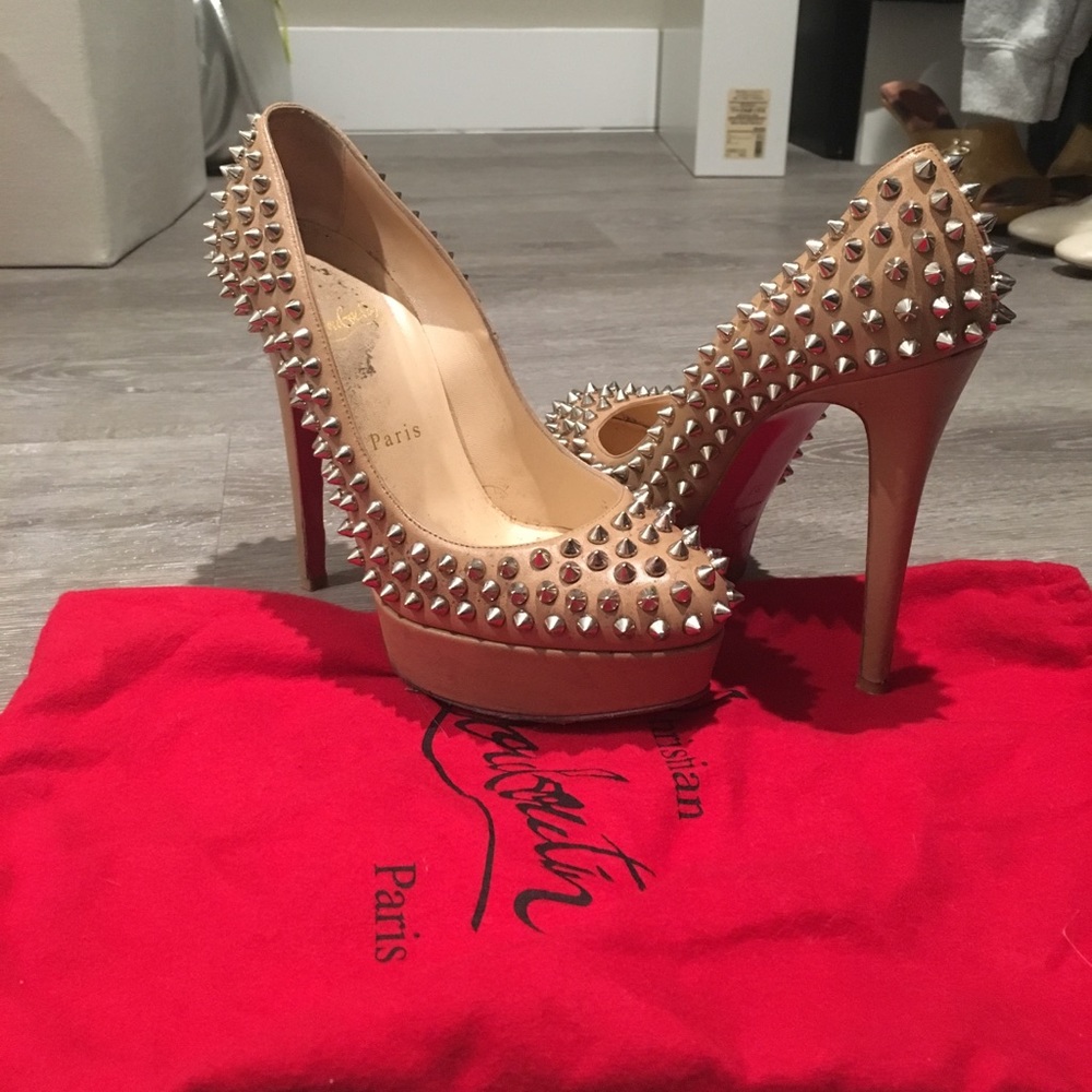 Christian louboutins spike beige heels
