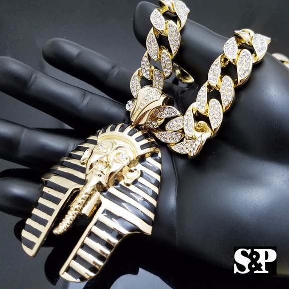 BLINGFACTORY Hip Hop Large Egyptian Pharaoh Pendant & 15mm  PHARAOH PENDANT & FULL ICED CUBAN CHOKER CHAIN SET