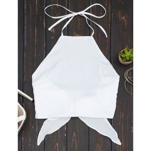 High neck halter top with bow back