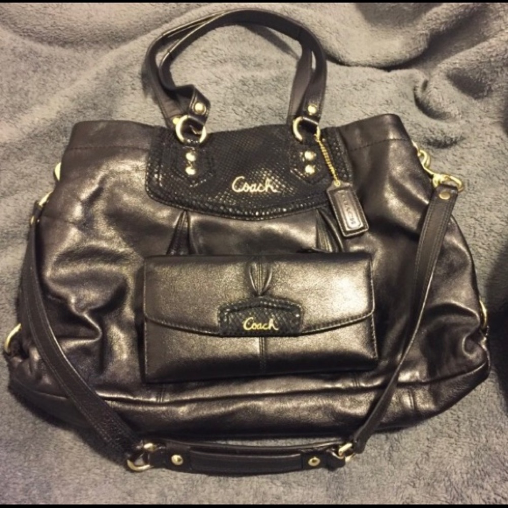 Black leather Coach bag with matching wallet.