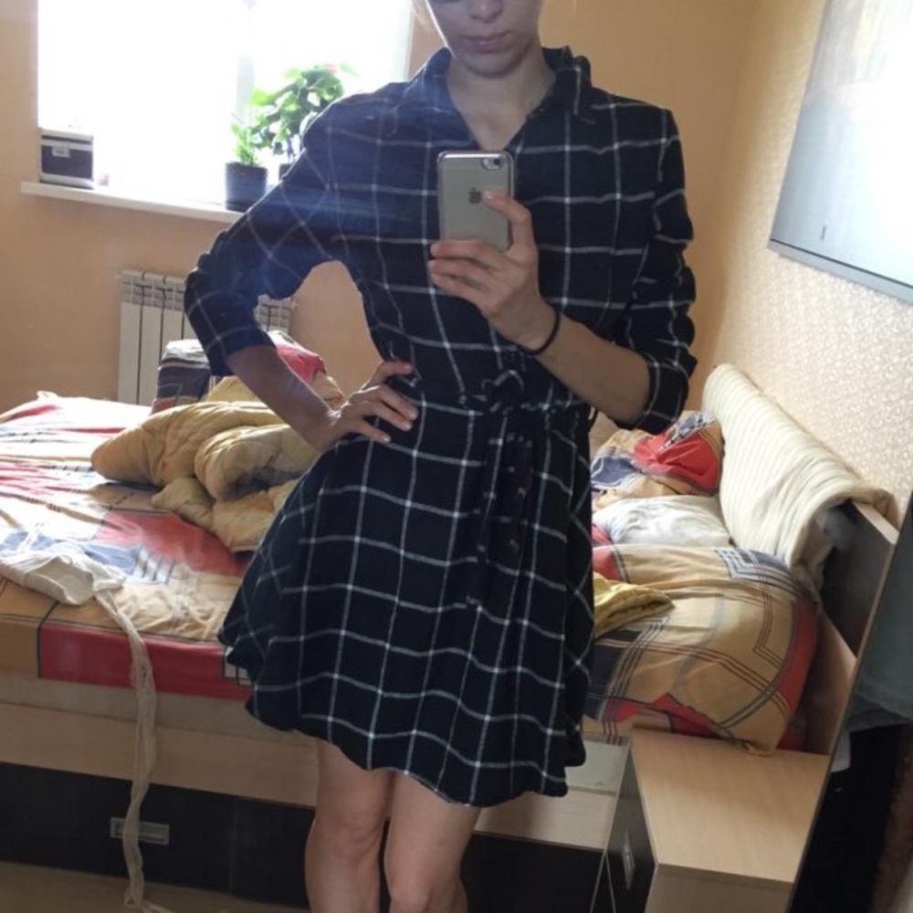 🎉HP🎉Black Plaid 3/4 Sleeve Mini Shirt Dress - Picture 4 of 8