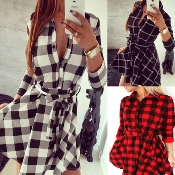 πHPπBlack Plaid 3/4 Sleeve Mini Shirt Dress - Picture 7 of 8