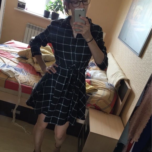 πHPπBlack Plaid 3/4 Sleeve Mini Shirt Dress - Picture 3 of 8