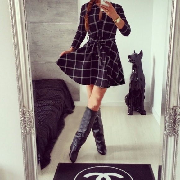 πHPπBlack Plaid 3/4 Sleeve Mini Shirt Dress - Picture 2 of 8