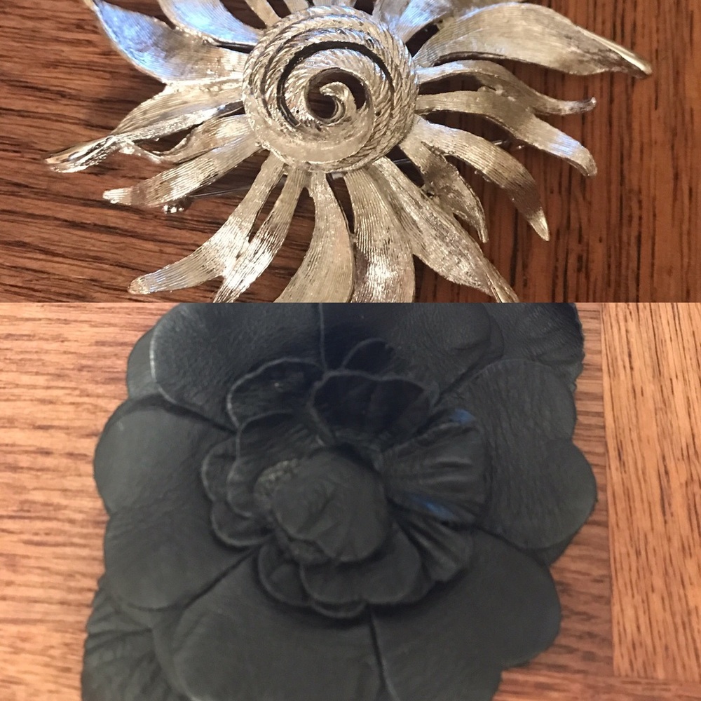 Leather and "silver" flower brooches