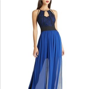 Electric blue sheer floor length gown