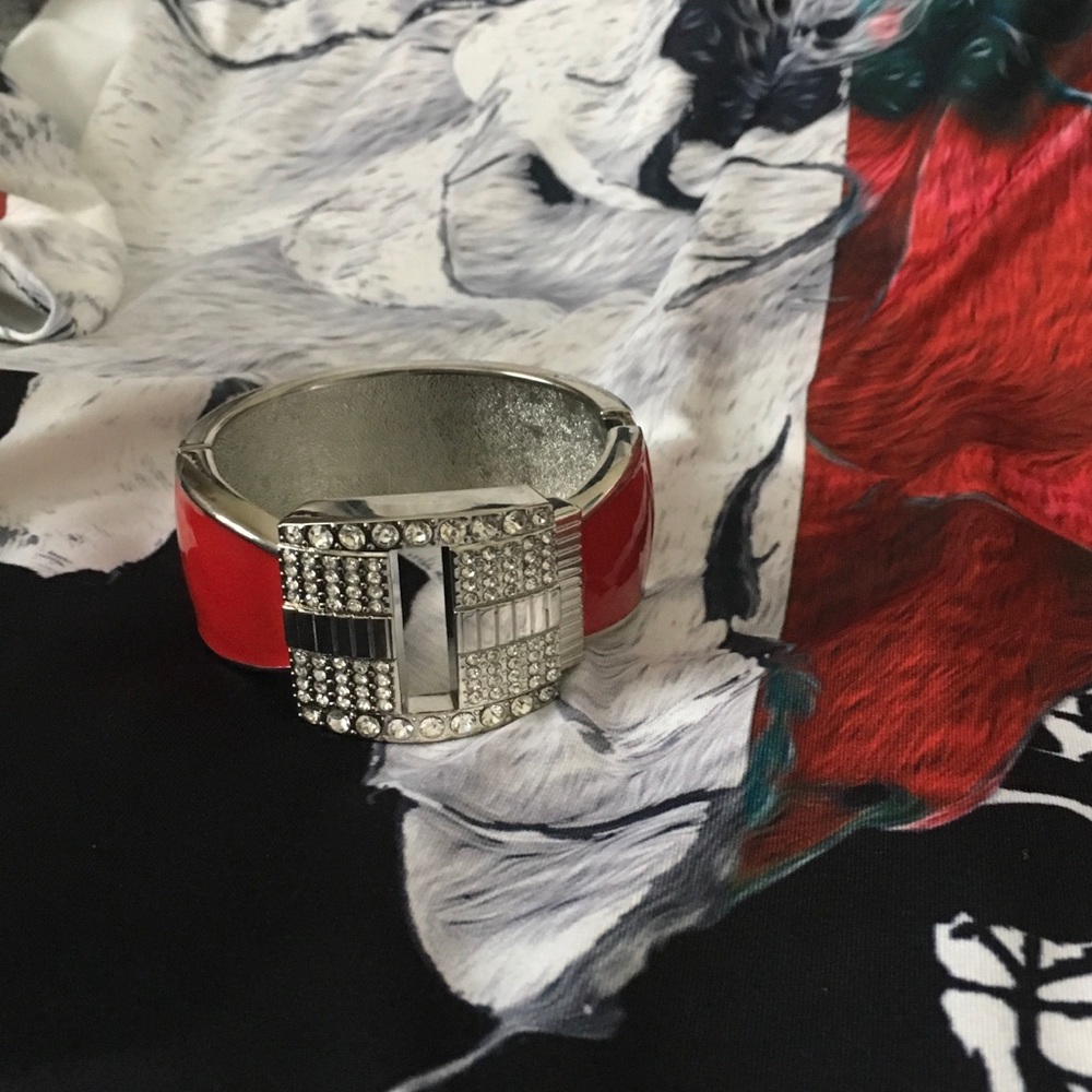 Red enamel and rhinestone cuff bracelet