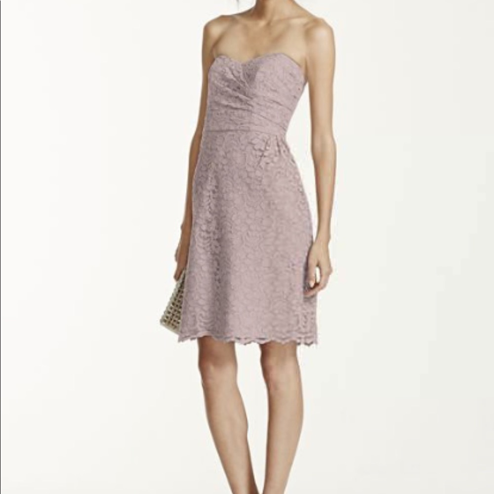 Davids bridal all over lace short strapless dress