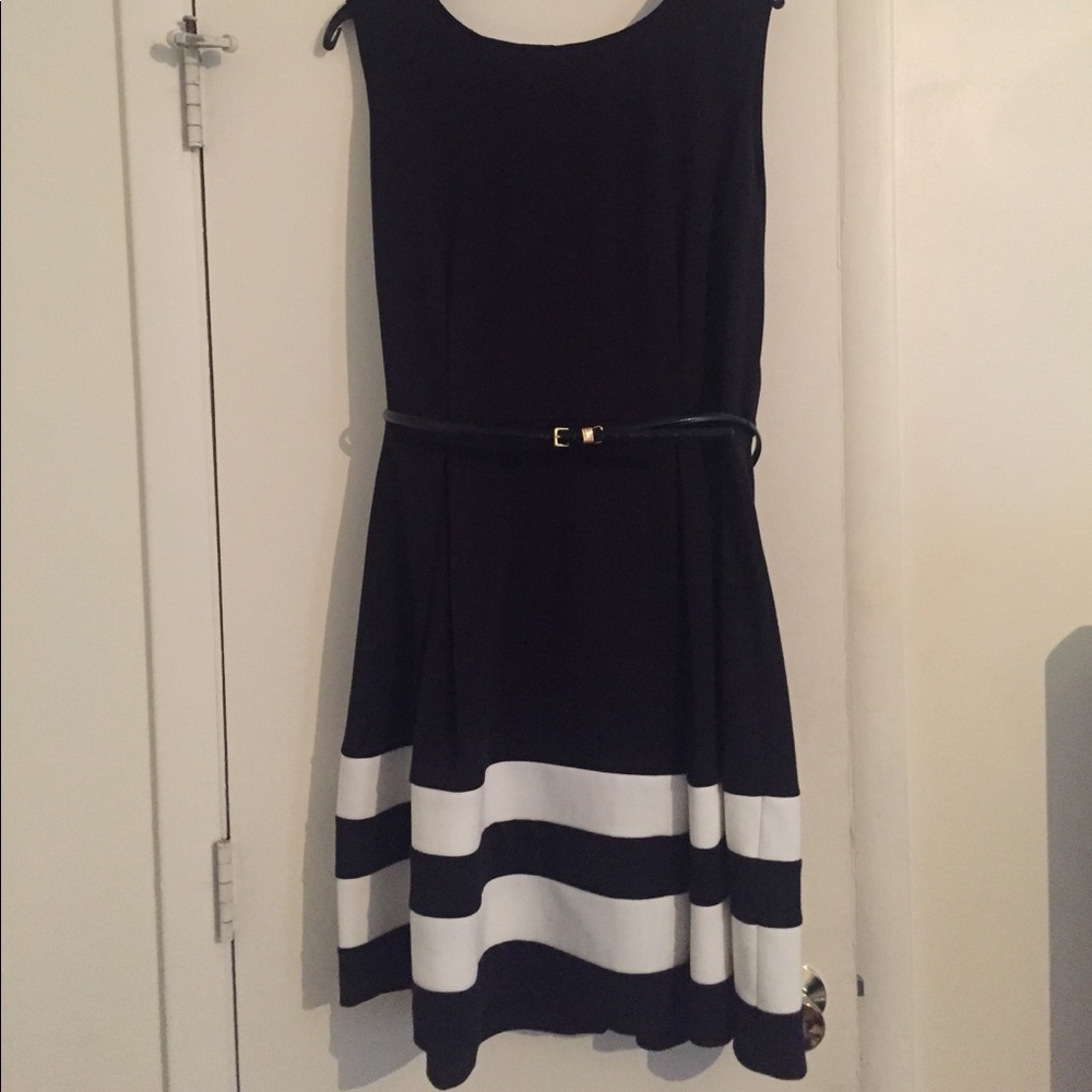 Black A-line dress with white stripes