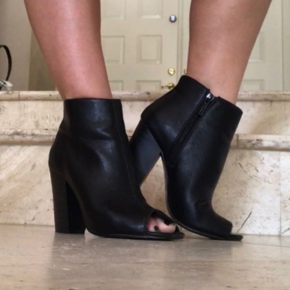 Black Faux Leather Peeptoe Booties