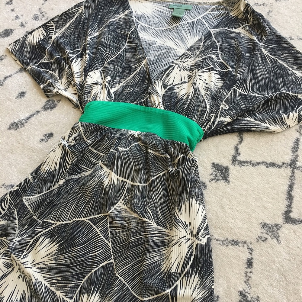 Anthropologie Dress Leaf Print w Green Sash - XS