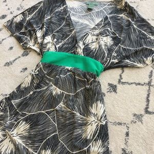 Anthropologie Dress Leaf Print w Green Sash - XS
