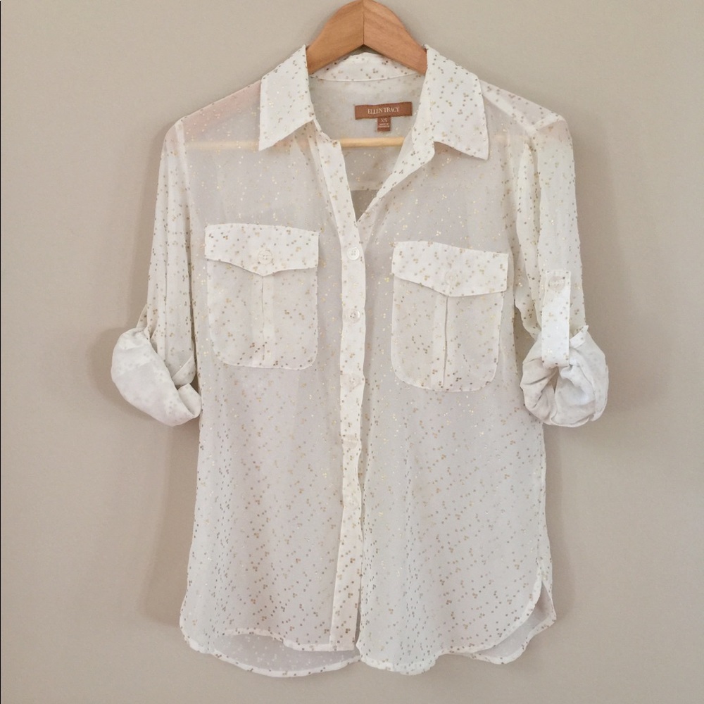 Ellen Tracy sheer white w/gold fleck blouse XS