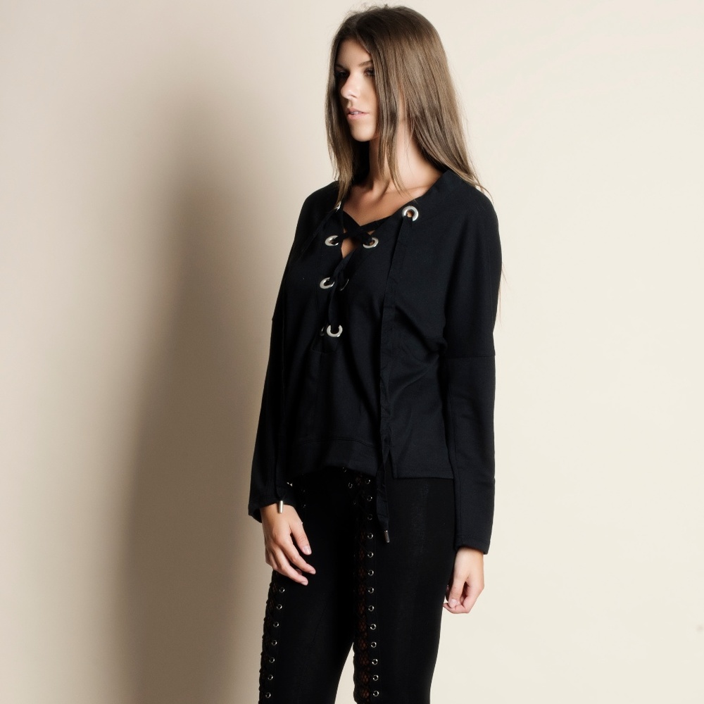 Lace Up Long Sleeve Sweater Top (PINK) - Picture 3 of 5