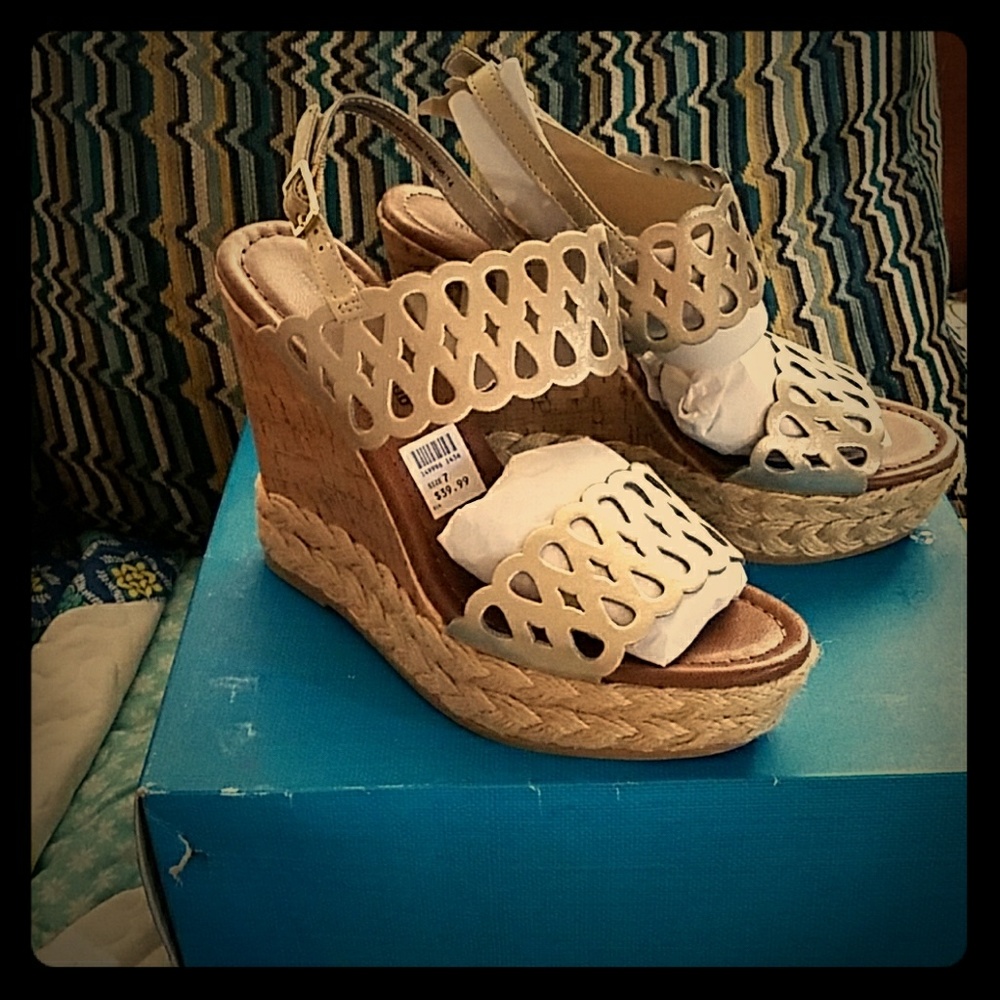 Gold and tan wedge heel