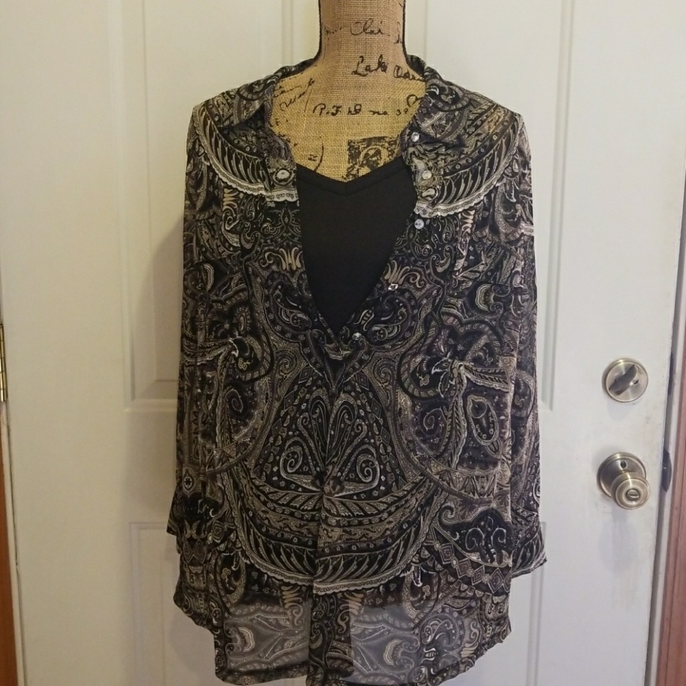 Gorgeous sheer patterned blouse with black tank